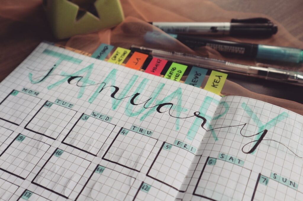 Calendar page featuring January with coloured tabs at the top