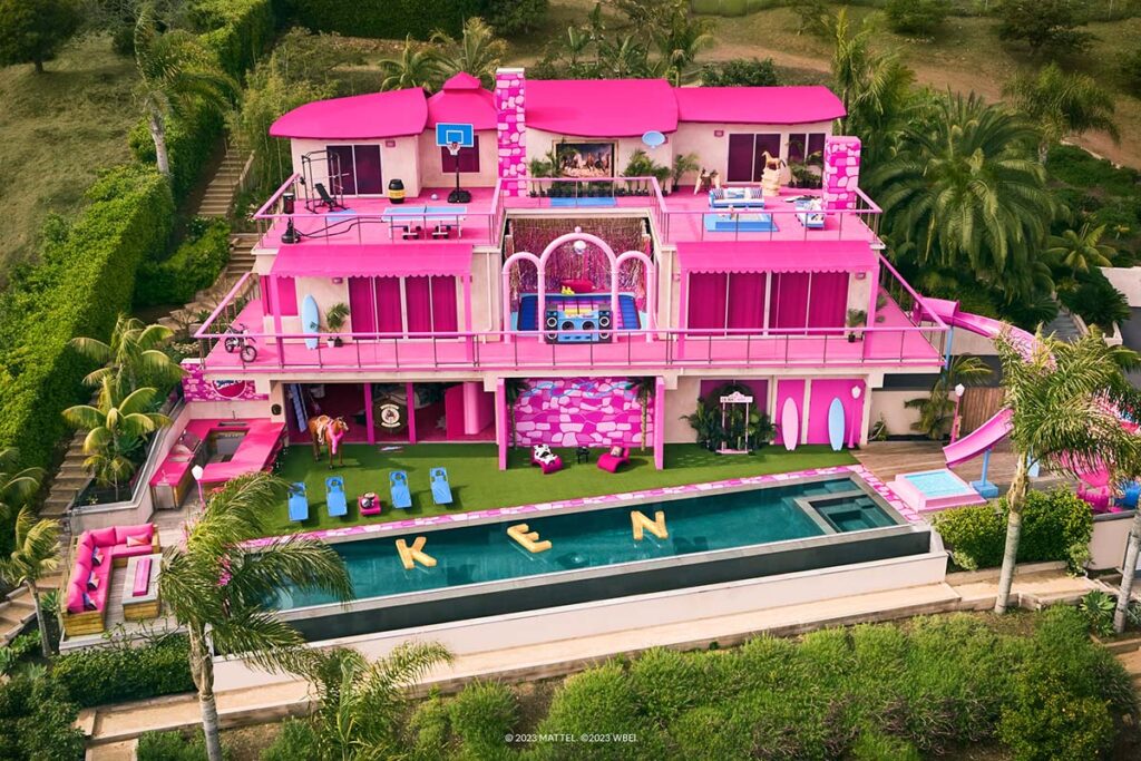Aerial view of the Barbie dream house in Malibu available on Airbnb